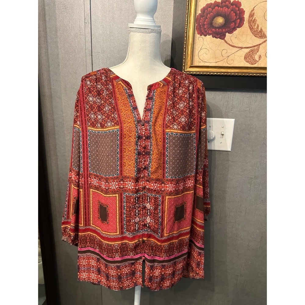 Boho Patchwork Print V-Neck Button Front Blouse Red Orange Long Sleeve Top